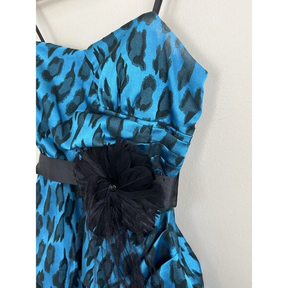 City Studio Blue & Black Leopard‎ Ruffle Dress Size 5 Junior Y2K Prom Feathers - Picture 4 of 11